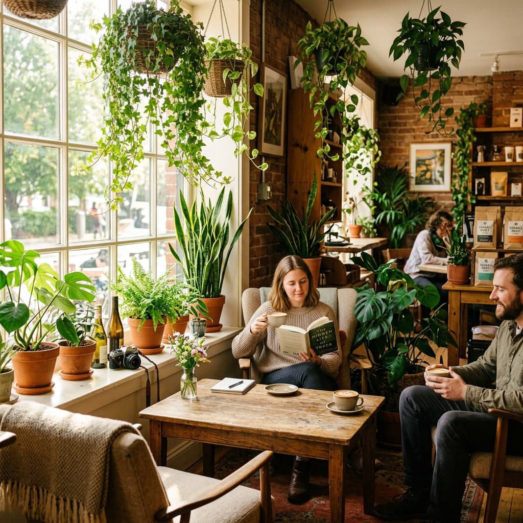 Cozy sunlit corner of Wildflower Cafe filled with hanging plants, rustic wooden tables, and warm lighting