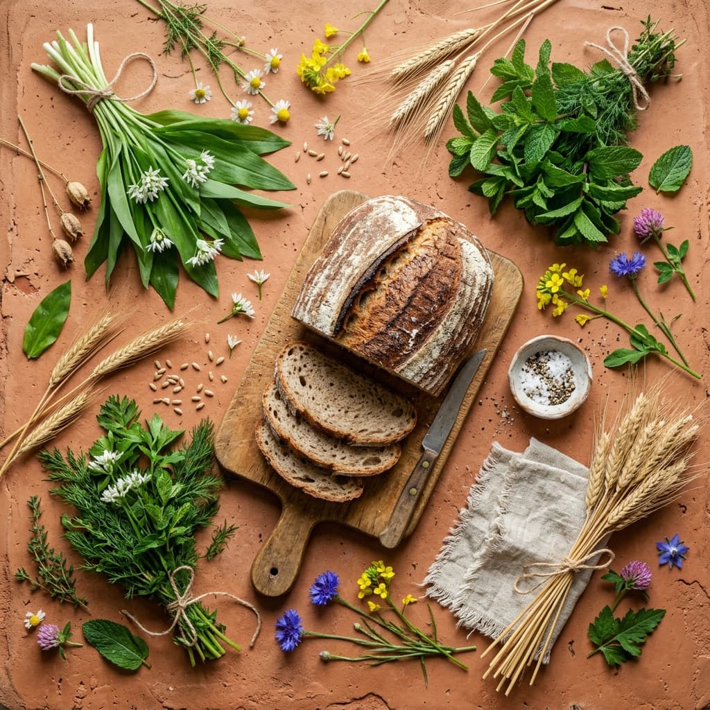 Freshly baked organic sourdough breads and botanical herbs on a rustic workspace table